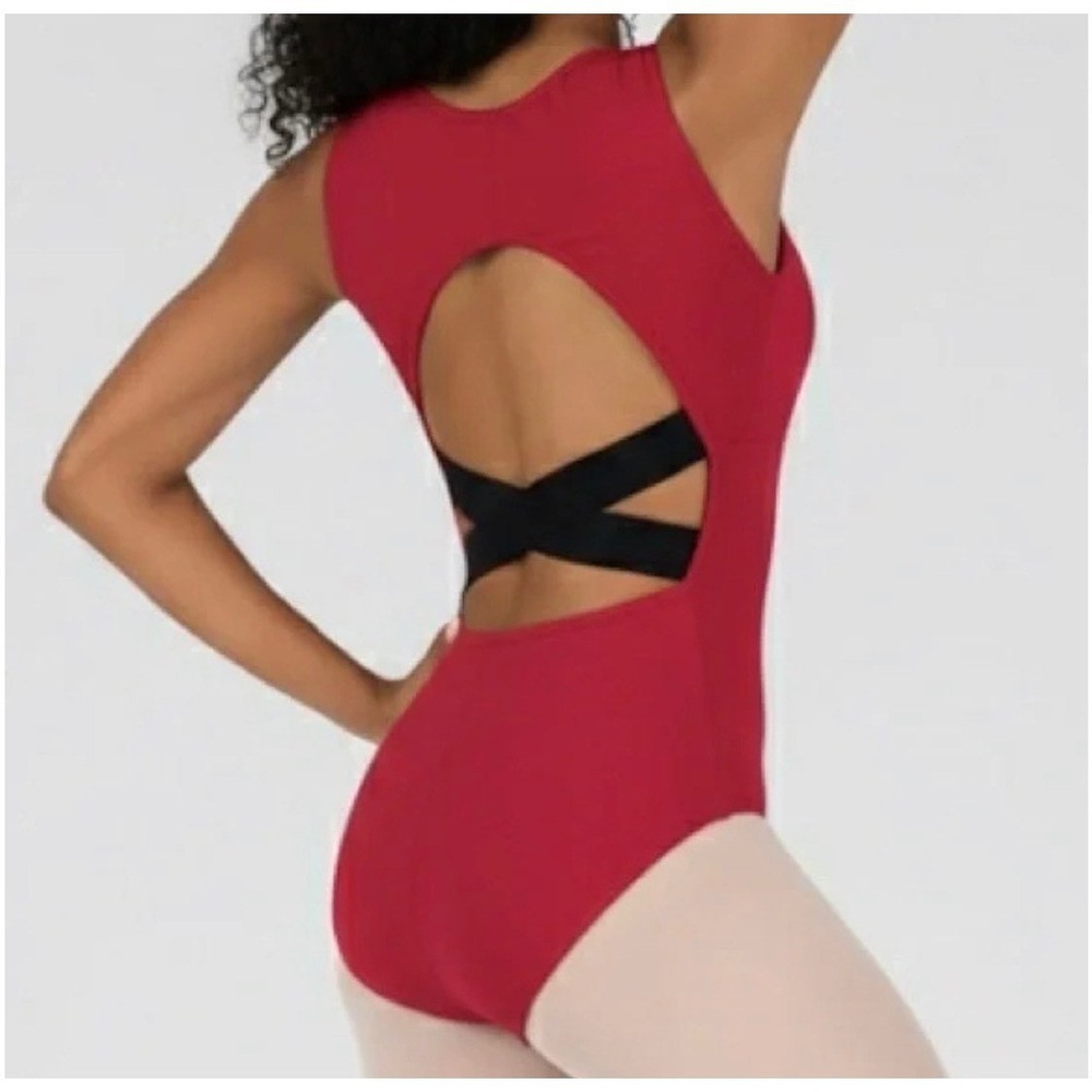 CM Theatricals Red Black Criss Cross Back Tank Leotard New‎